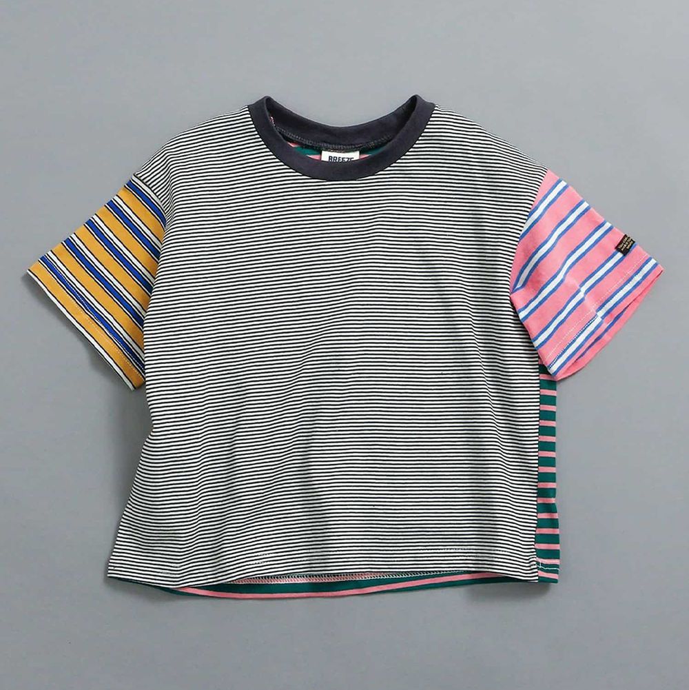 純棉百搭定番短袖上衣-撞色袖-條紋x黃x粉