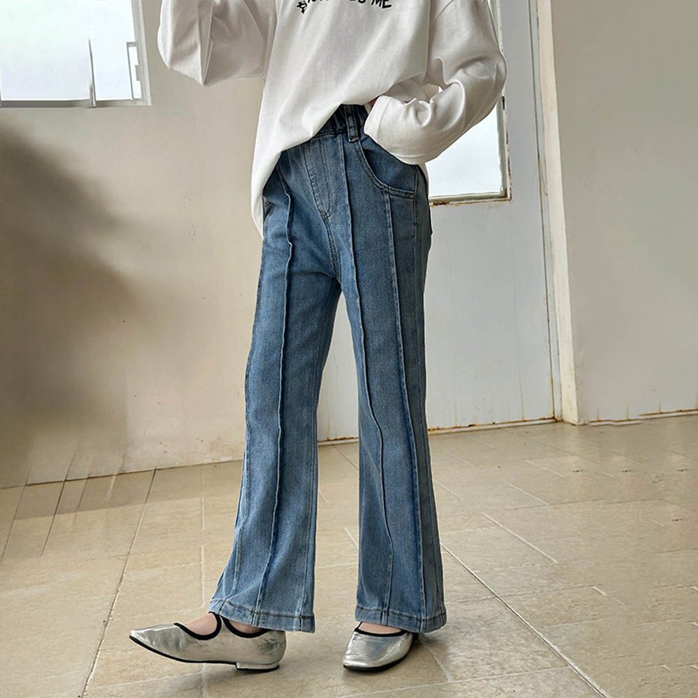 設計感彈力微喇叭牛仔褲-藍色