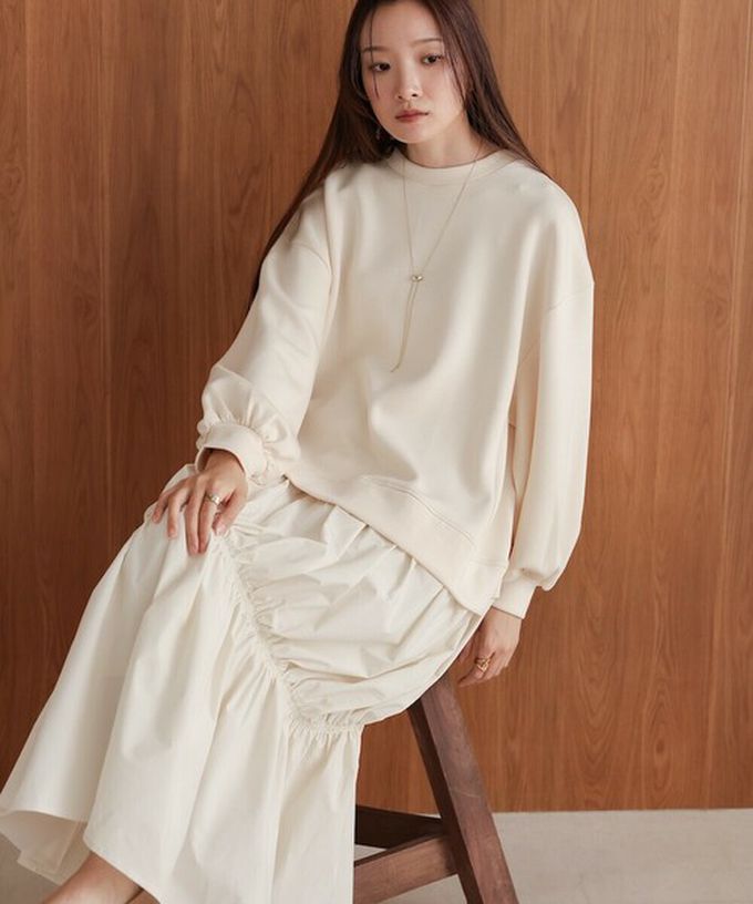 日本 Bab - 柔美造型皺摺拼接長袖洋裝-淺杏