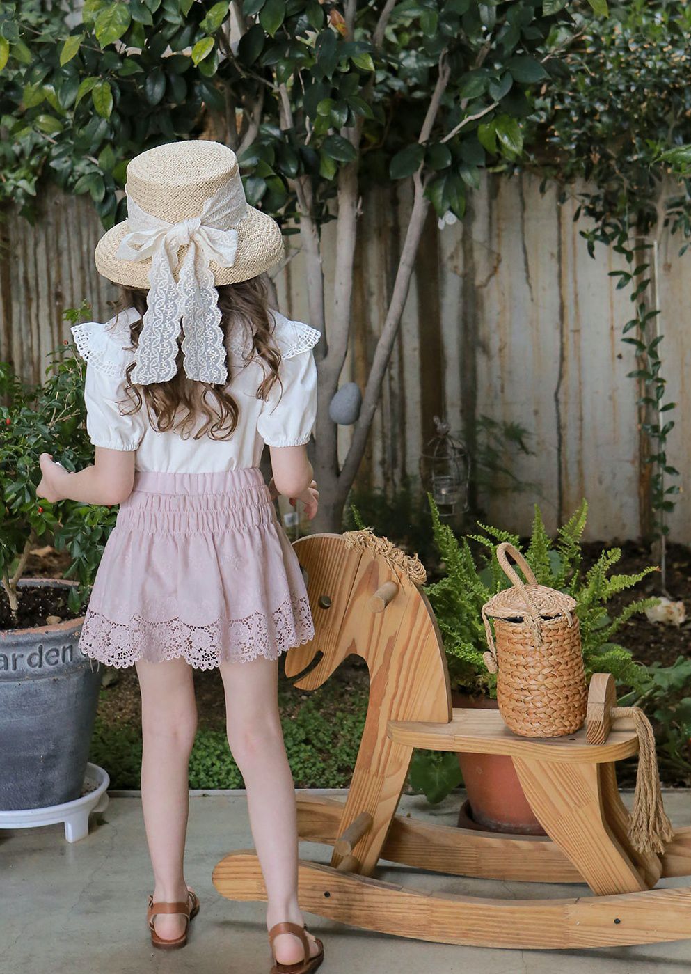 韓國 PuellaFLO - 波浪花朵蕾絲蝴蝶結草帽 (3-7Y適用)