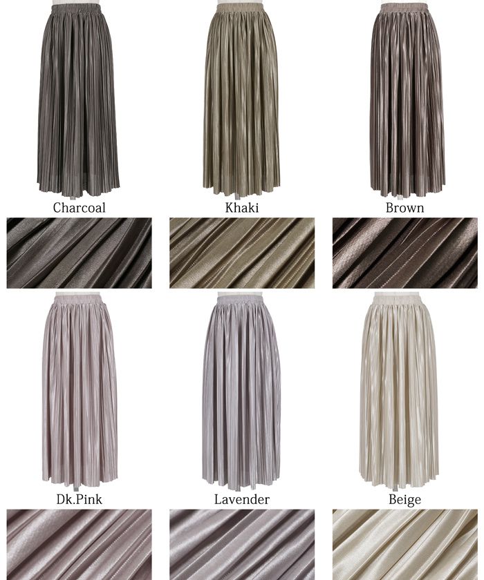 日本 COCA - [定番] 光澤百搭百褶長裙-卡其