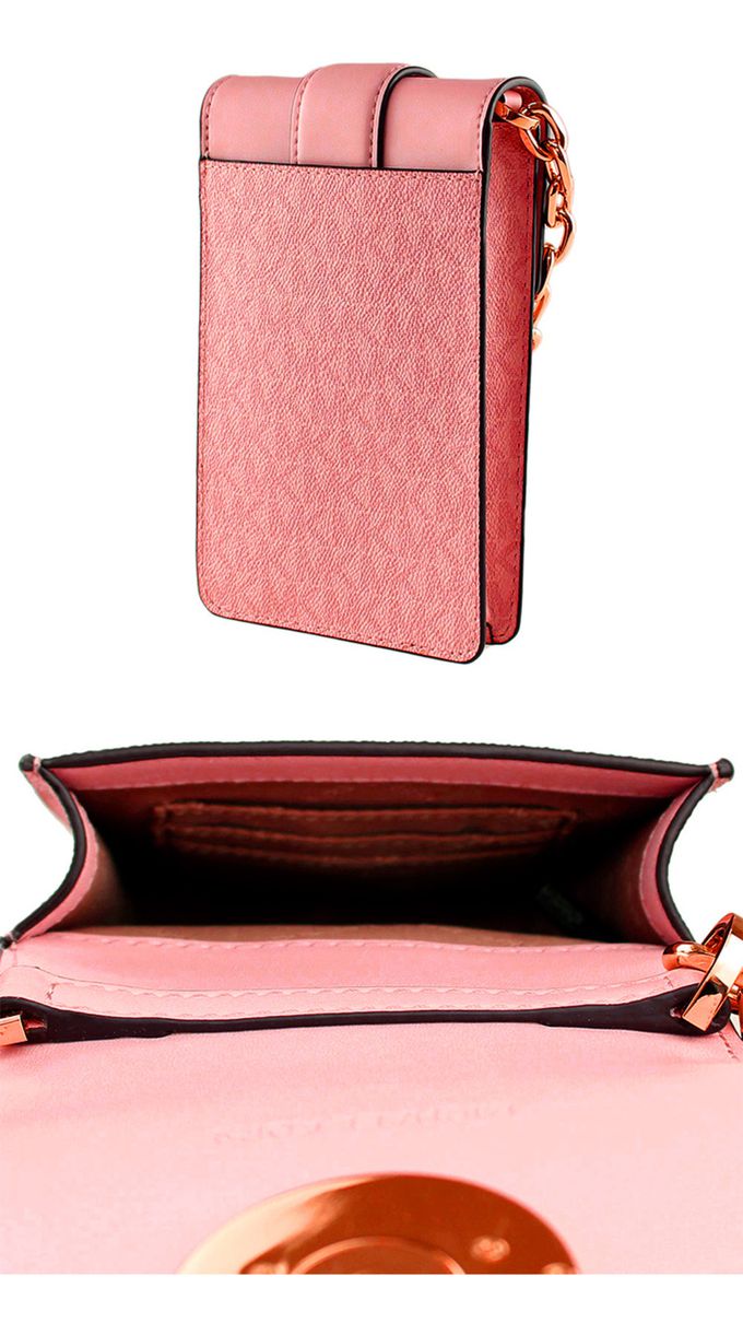 MICHAEL KORS - 滿版LOGO皮革手機斜背包-珊瑚色