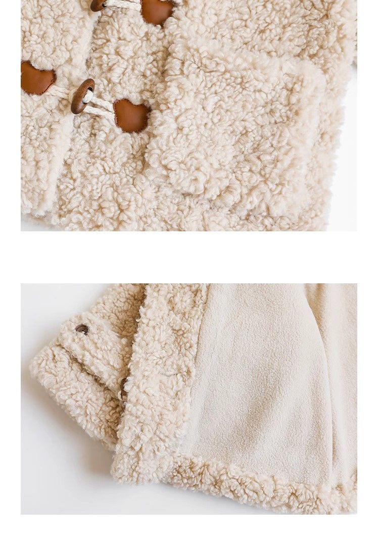 TONGMO - 立體造型羊羔絨牛角釦連帽外套-熊耳朵-米色