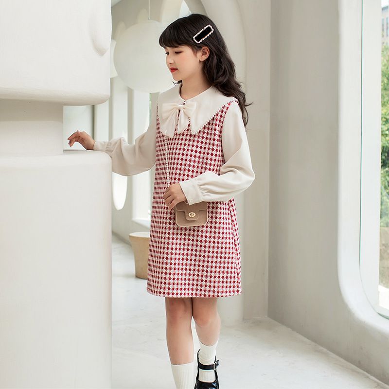 娃娃領泡泡袖格子洋裝-贈小包包-紅+白