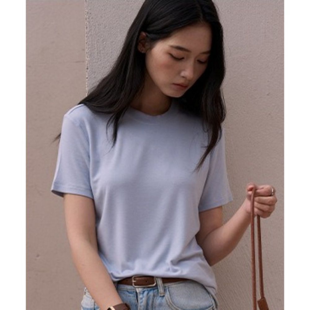呼吸感天絲混羊毛經典圓領短袖上衣-霧藍