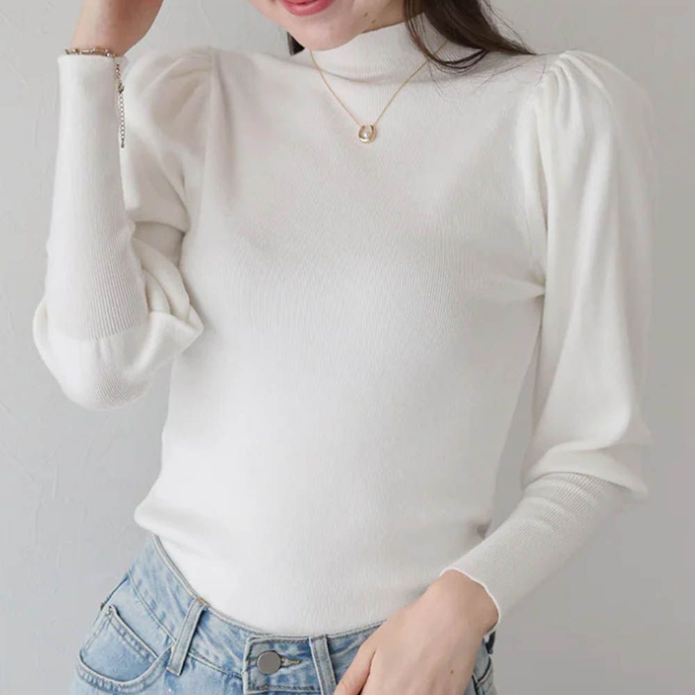 宮廷風百搭針織微高領長袖上衣-白