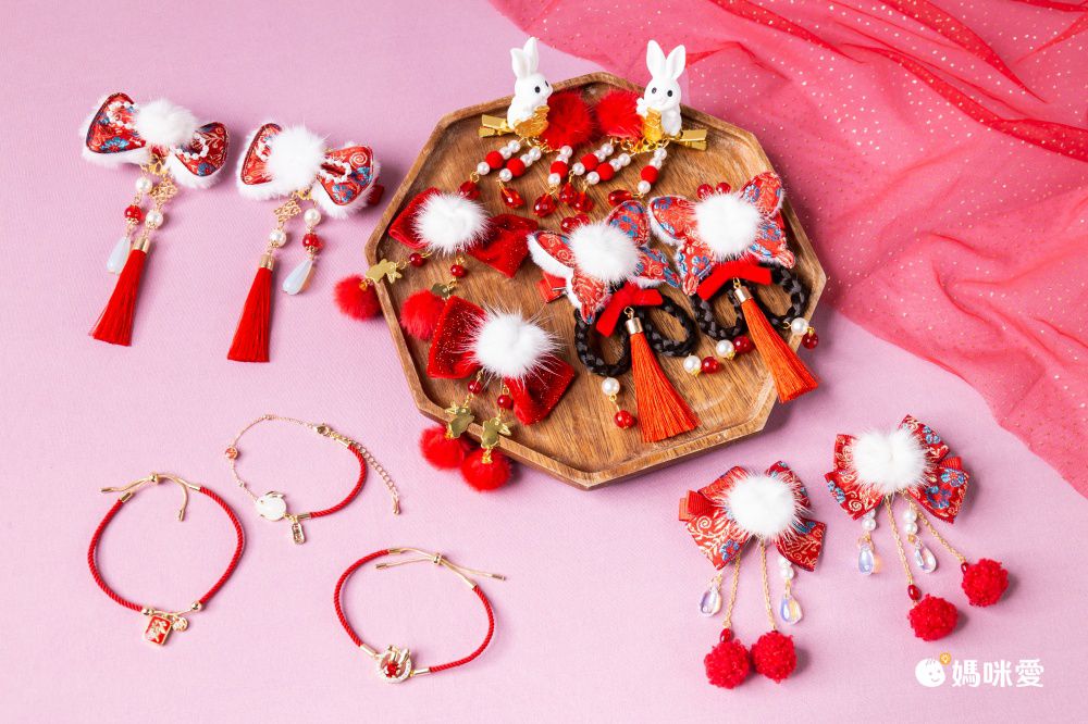 兔年喜氣洋洋拜年兒童髮飾-蝴蝶結+小金兔-紅色