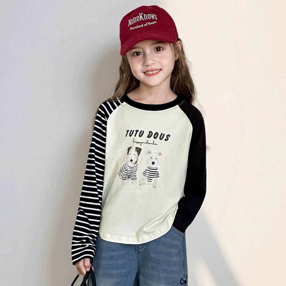 撞色圓領落肩長袖上衣-可愛小狗-黑色拼條紋