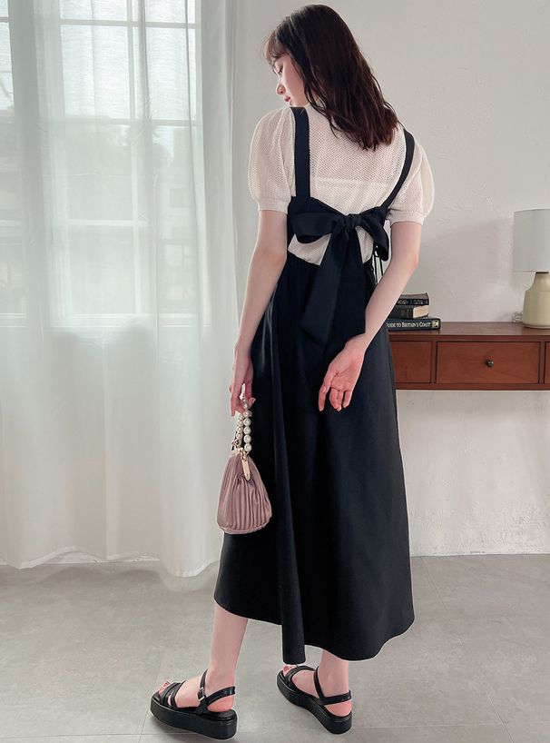 日本 GRL - 絕美氣質蝴蝶結吊帶洋裝-星塵黑