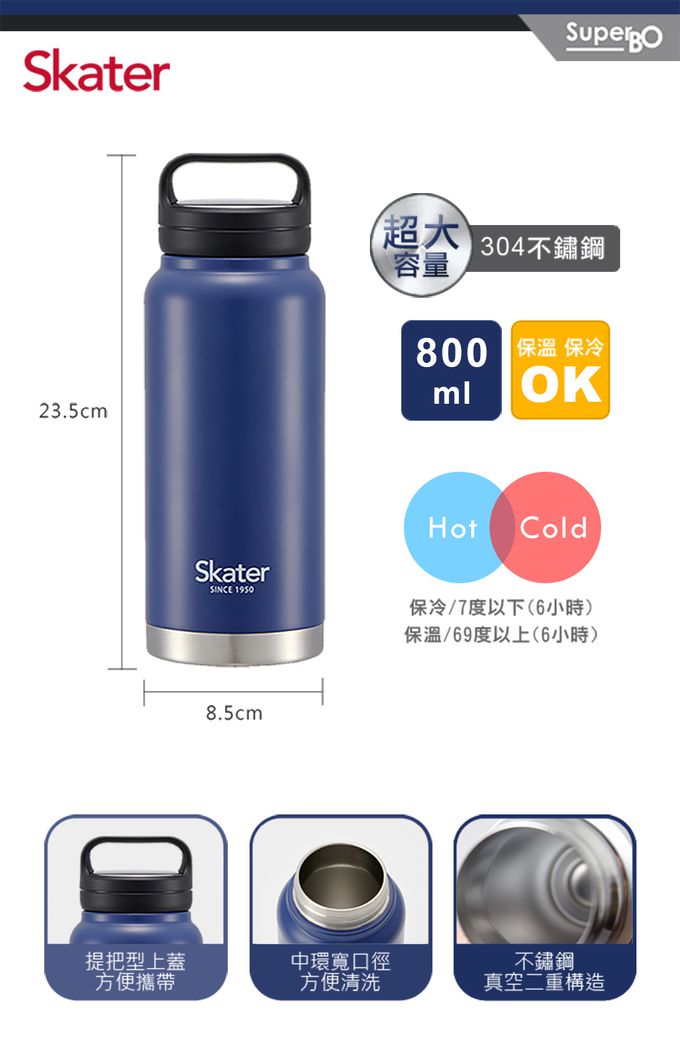 日本 SKATER - 不鏽鋼隨行瓶-海軍藍-藍色-800ml