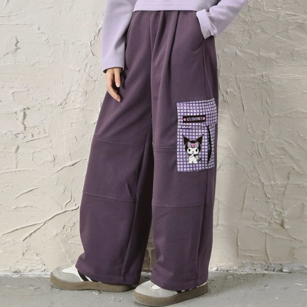腰鬆緊格子拼接寬褲-卡通人物酷洛米-紫色