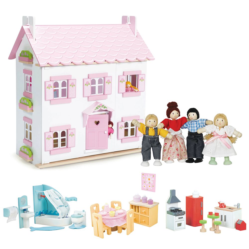 英國 Le Toy Van - 組合優惠-蘇菲夢幻娃娃屋(精品裝潢不含家具)+3間Sugar Plum現代休閒風房間(浴室+廚房+餐廳)+娃娃家族