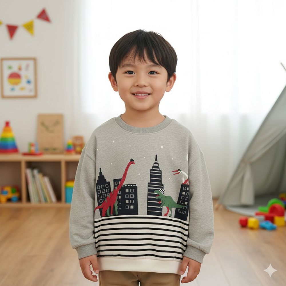 長袖休閒上衣-拼接-灰色