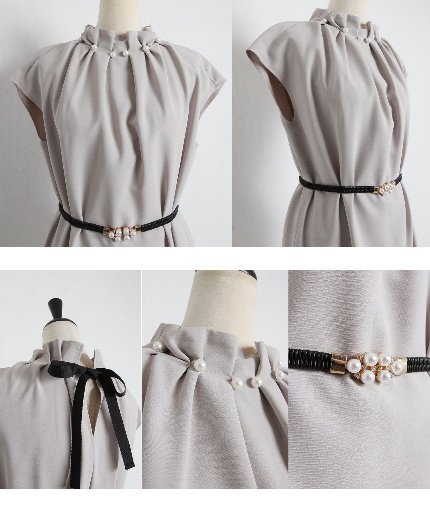 日本 tocco-closet - 高雅珍珠皺摺簡約洋裝-知性黑