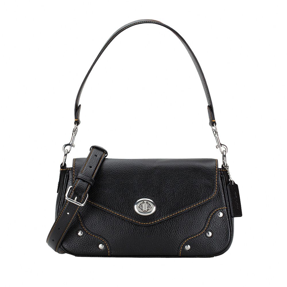 素面皮革翻蓋單肩包 (黑)