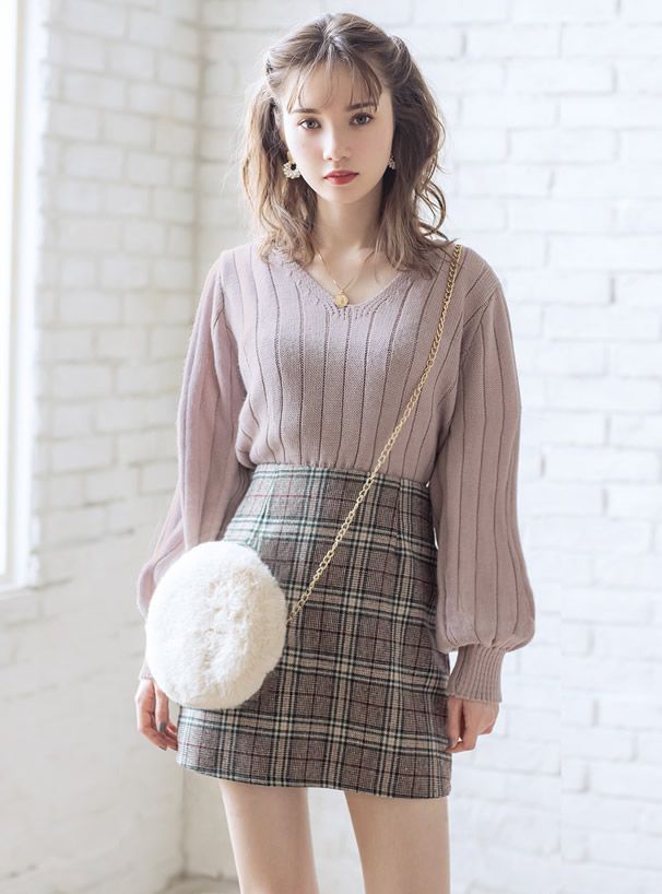 日本 GRL - 前後V領收腰坑羅紋針織上衣-米