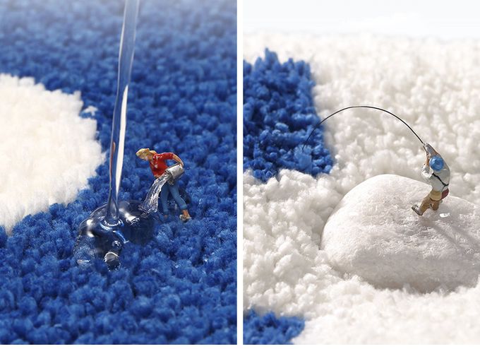 快速吸水植絨馬桶腳踏墊-格紋+花花-藍+白 (50x55cm)