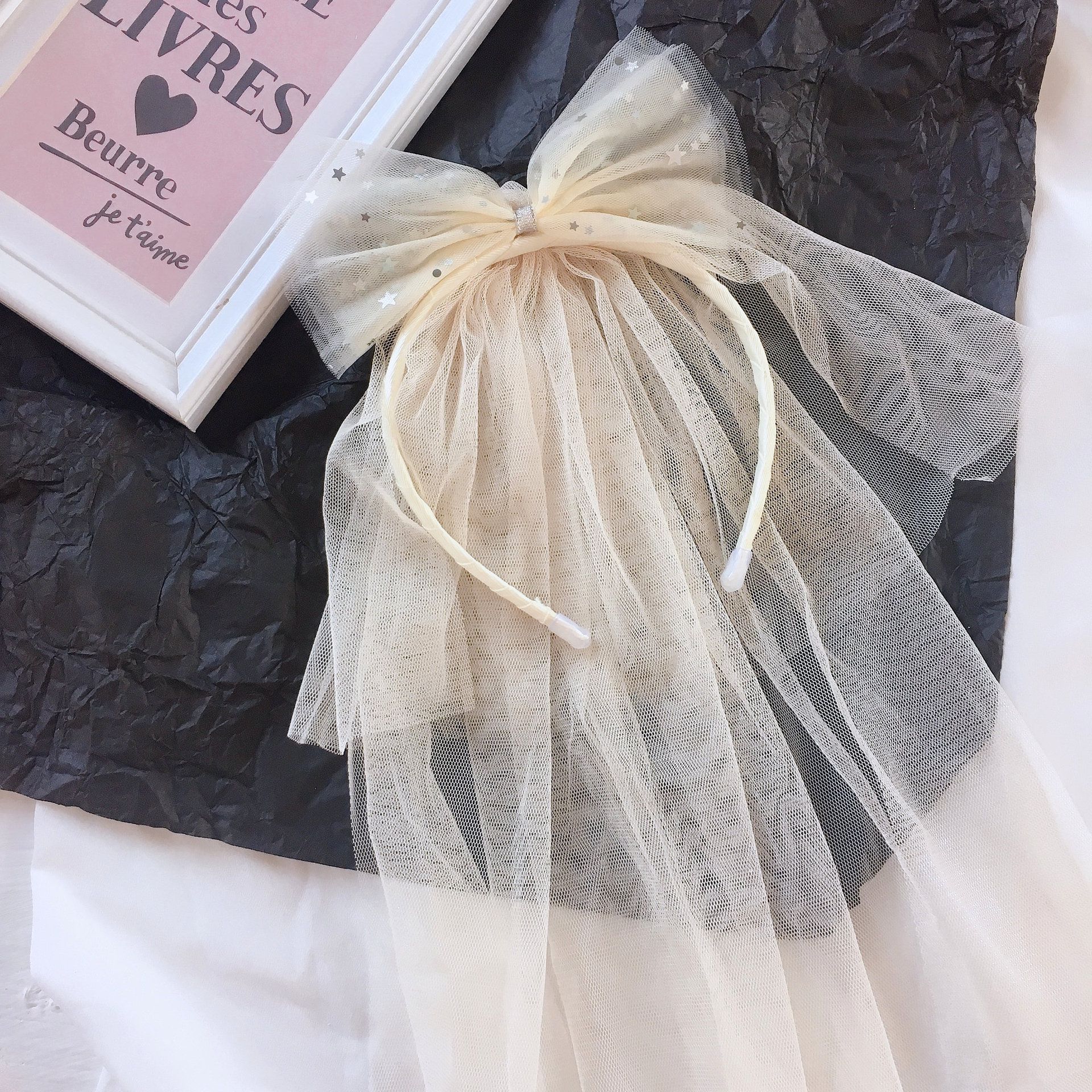 唯美蝴蝶結網紗髮箍-亮片網紗-粉色