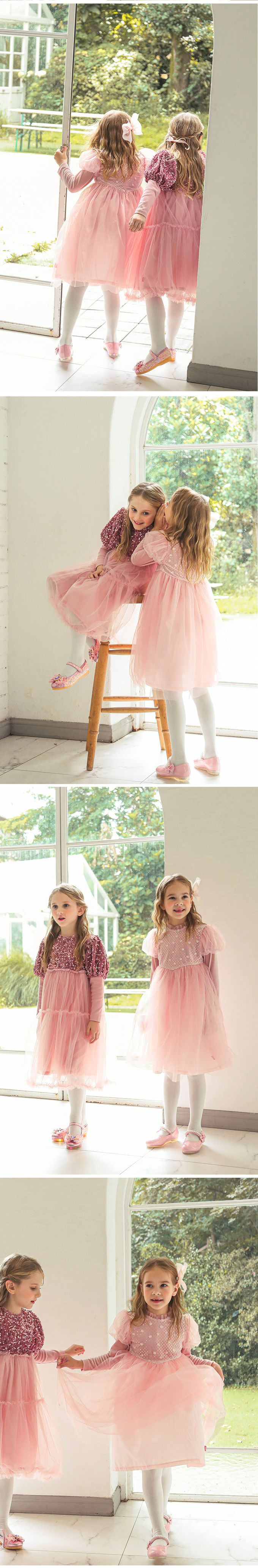 韓國 OZKIZ - 天鵝絨亮片點綴公主網紗洋裝-粉