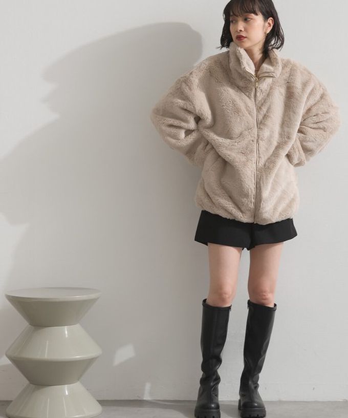 日本 ELENCARE DUE - 奢華毛絨柔軟寬鬆保暖拉鍊外套-炭灰