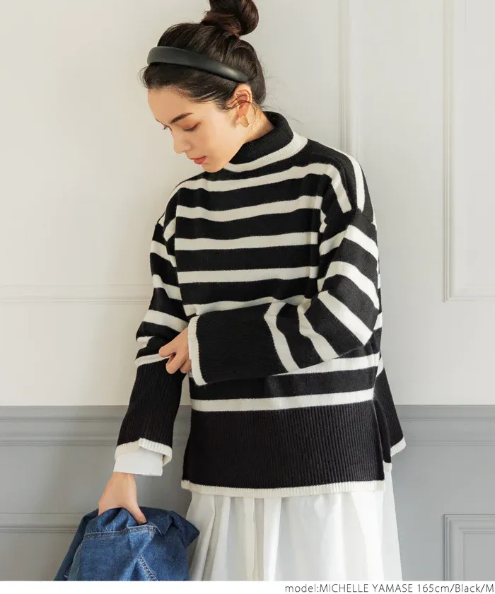 日本 COCA - 時尚條紋針織高領毛衣-白x黑