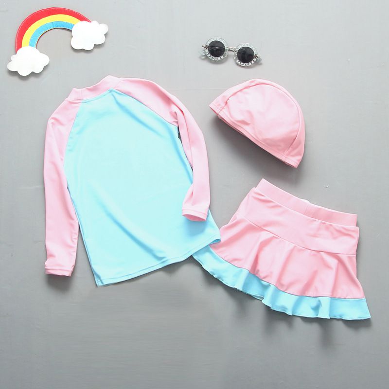 女寶長袖泳裝套裝(附帽子)-鳳梨水果汁-淺粉+藍