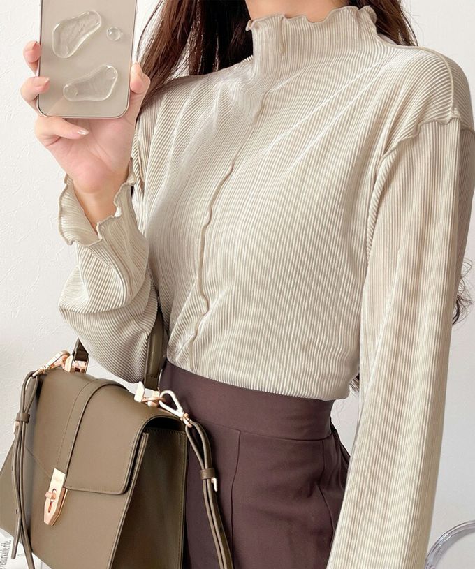 日本 Classical Elf - 羅紋線條感木耳小高領長袖上衣-優雅棕