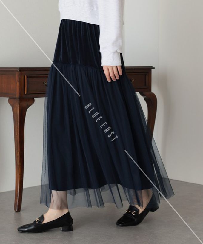 日本 BLUE EAST - 薄紗絲絨拼接飄逸長裙-(可選長度)-深藍