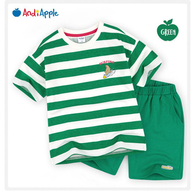 韓國 AndiApple - 衝浪小熊條紋短袖套裝-綠