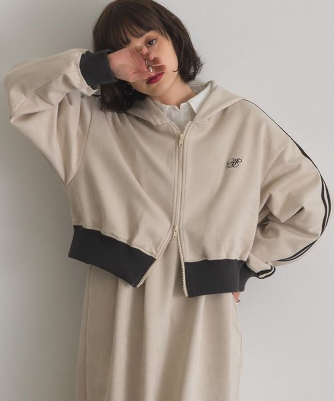 日本 ELENCARE DUE - 麂皮俐落雙拉鍊短版連帽外套-炭灰