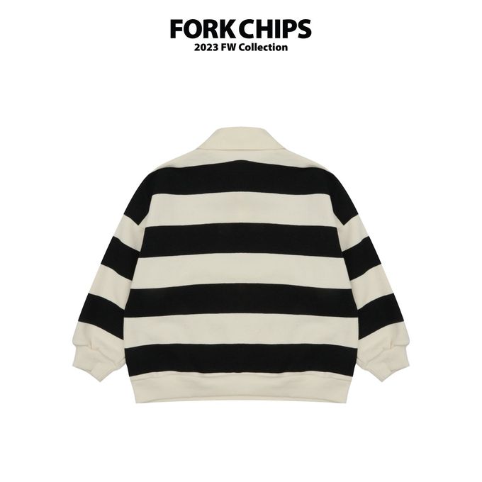 韓國 FORK CHIPS - 極簡翻領寬條紋寬鬆長袖上衣-象牙白X黑