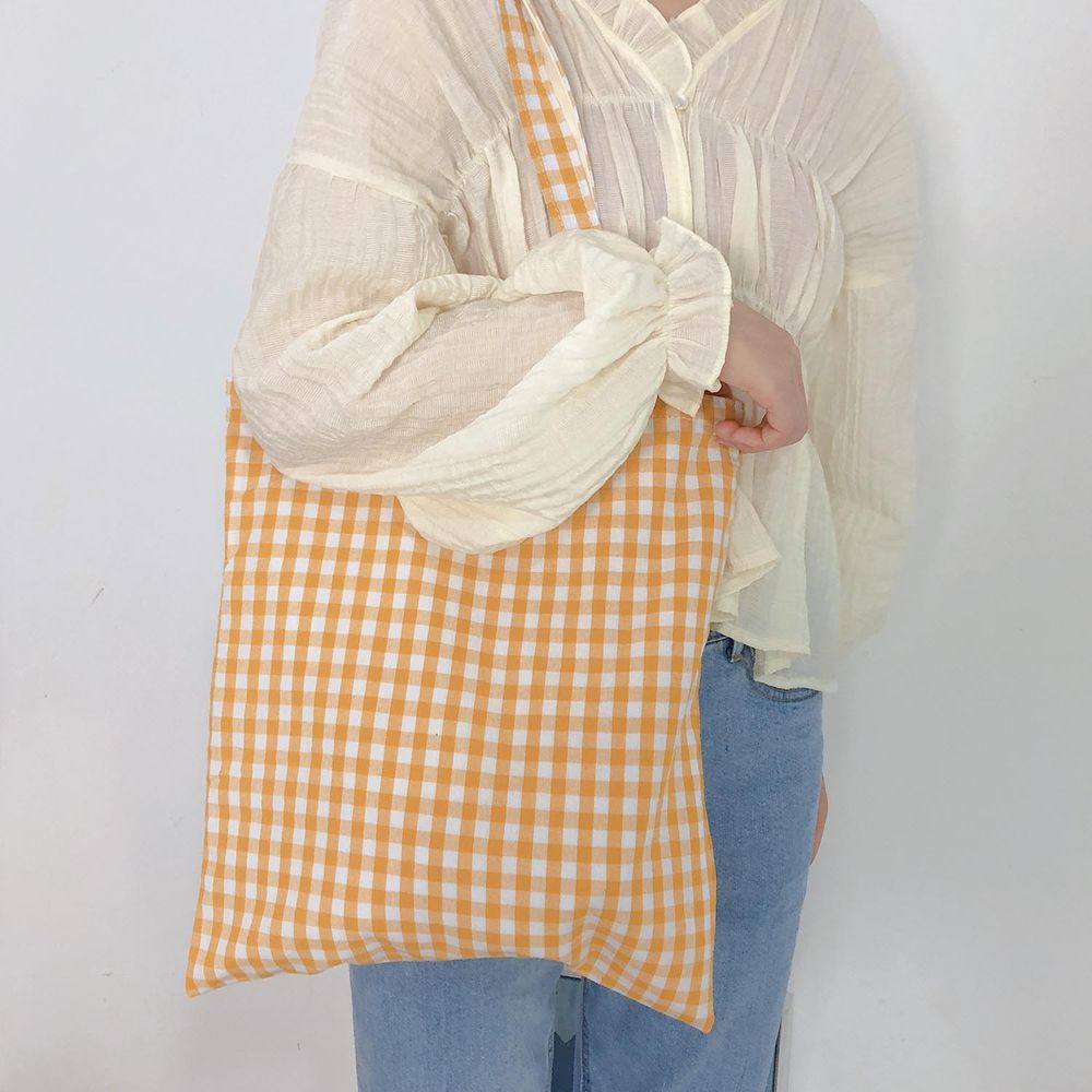 休閒格子單肩手提帆布袋-黃色 (37*35cm)