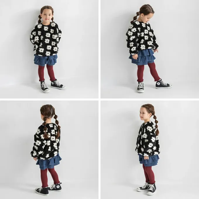 日本 BRANSHES - 泰迪熊雙面毛絨可愛長袖上衣-黑白小花