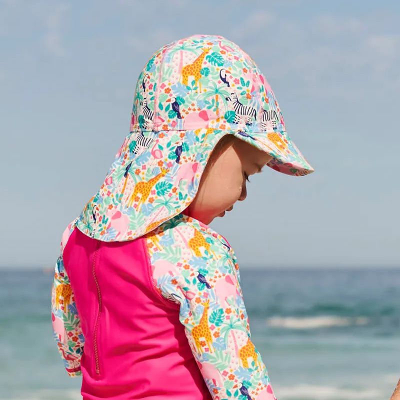 英國 JoJo Maman BeBe - 嬰幼兒/兒童泳裝戲水UPF50+防曬護頸遮陽帽-七彩花園
