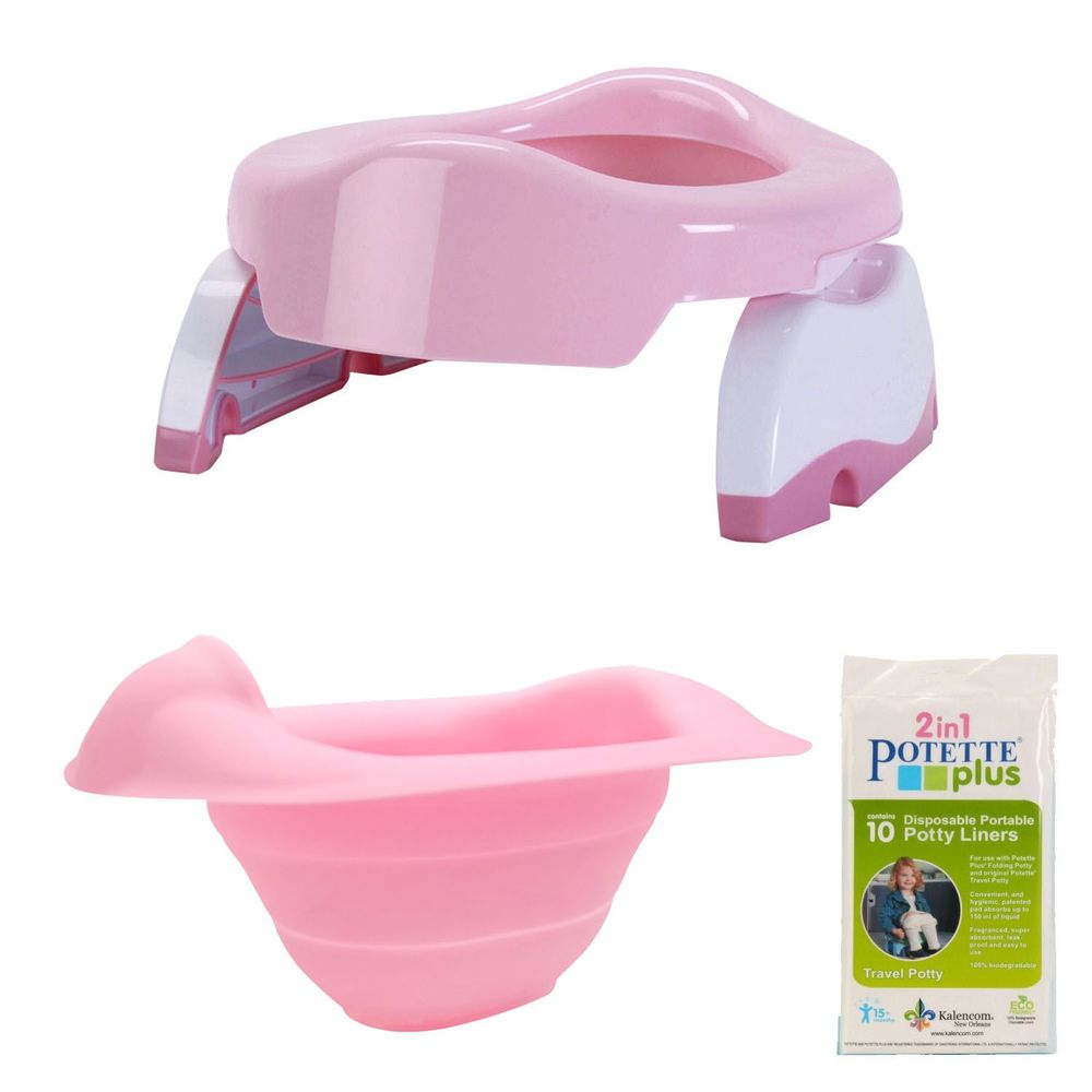美國 Potette Plus - 可攜式馬桶-浪漫粉+摺疊式家用防漏盆-粉紅色+拋棄式防漏袋10入裝)