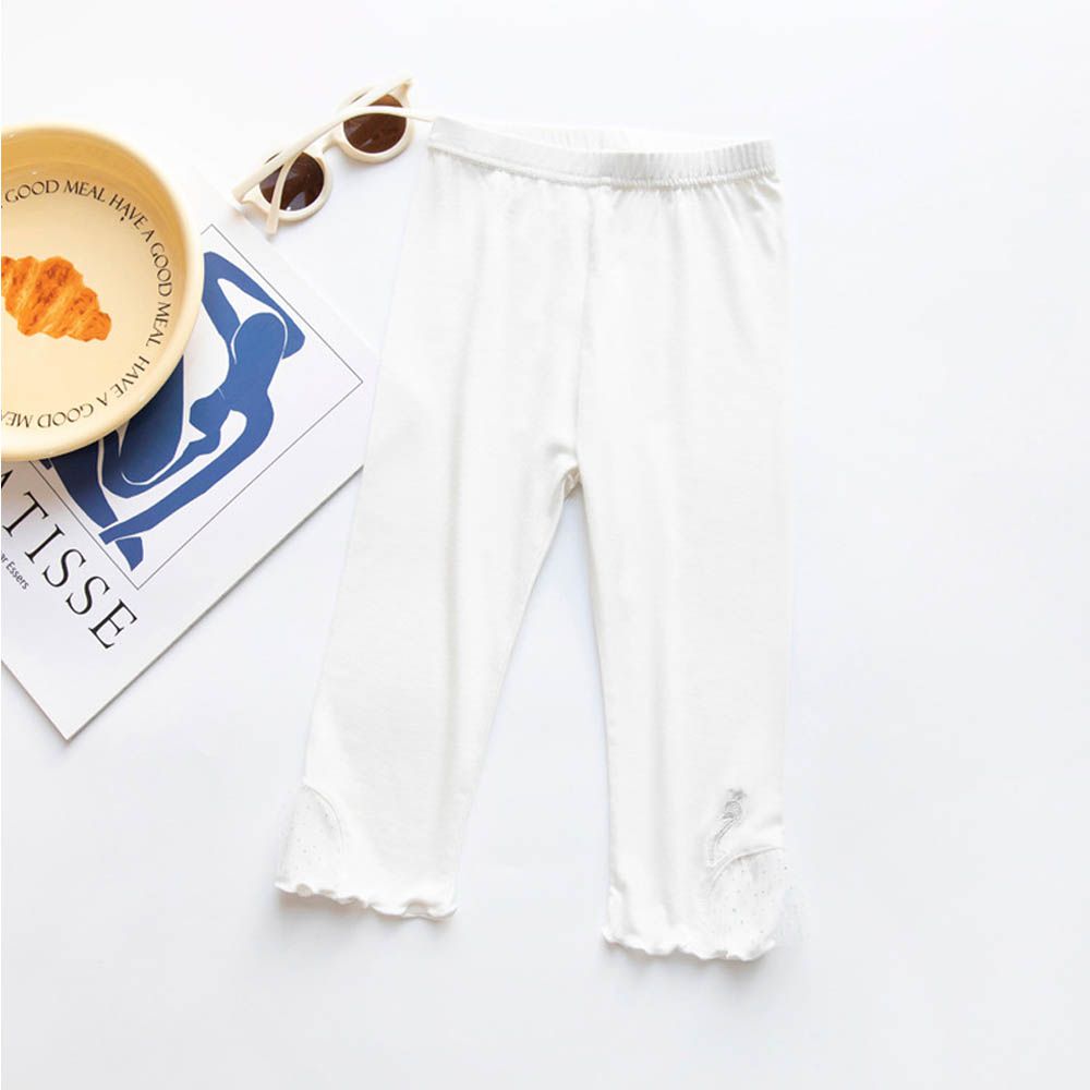 涼感七分內搭褲-蕾絲天鵝-白色