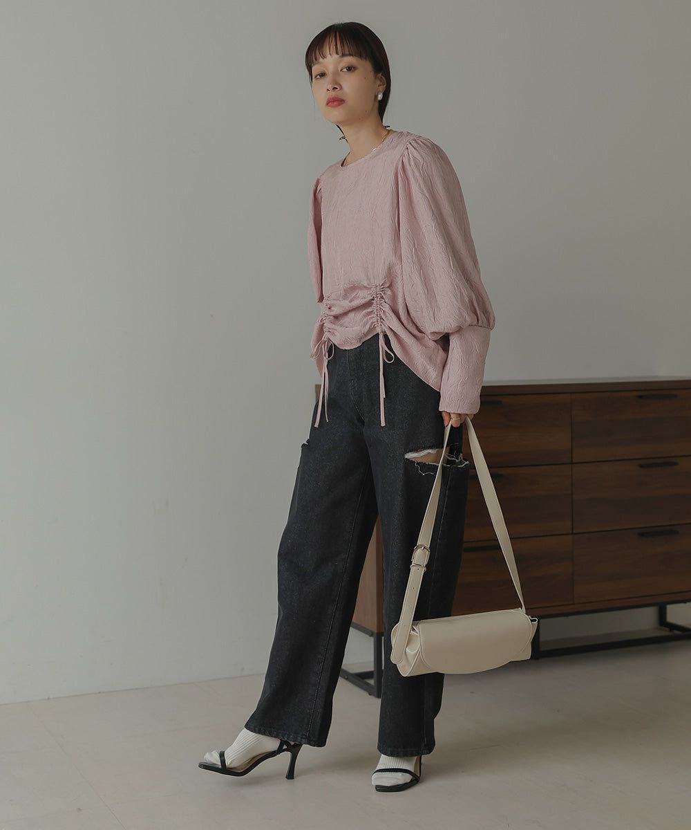 日本 Bab - 光澤感抽繩泡泡袖上衣-香檳