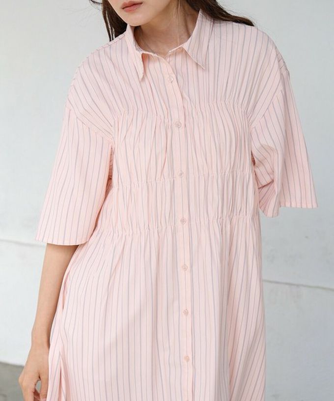 日本 Bab - 時尚抓皺襯衫式五分袖洋裝-條紋-藍