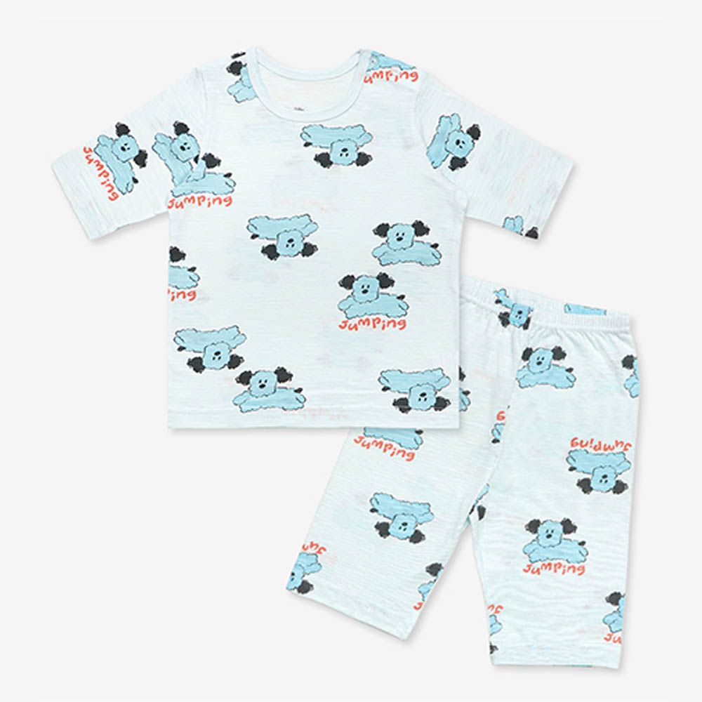 韓製莫代爾透氣7分袖家居服-跳躍狗狗-薄荷藍