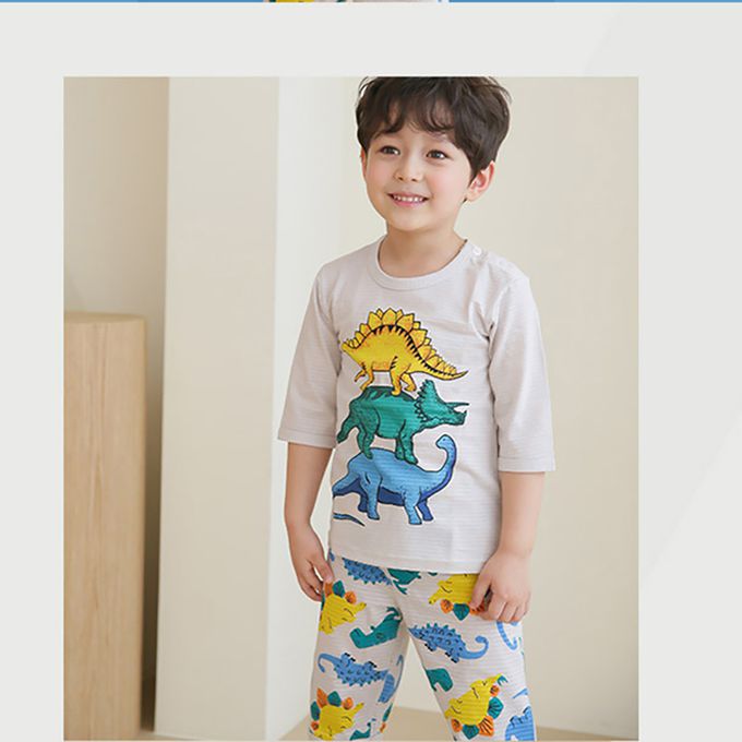 正韓 Puco - 超優質嬰幼兒/兒童七分袖100% 有機純棉家居服/睡衣-恐龍疊疊樂