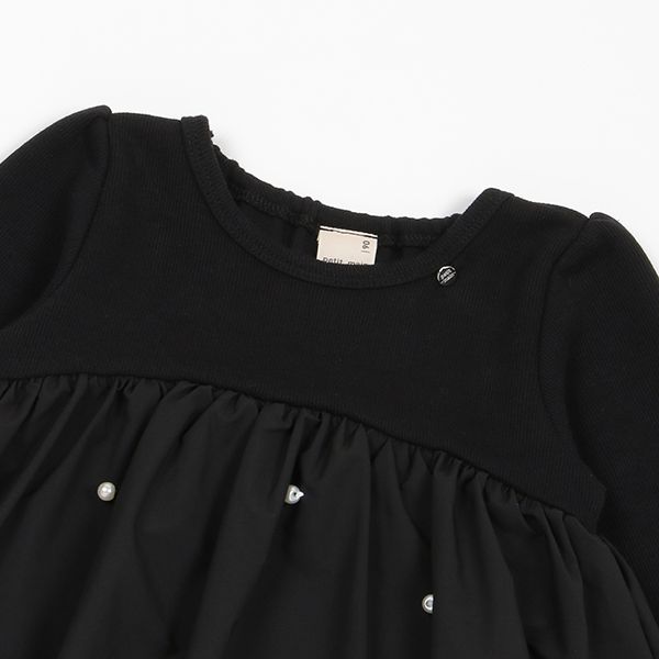 日本 petit main - 珍珠點綴傘狀拼接長袖上衣-淺粉