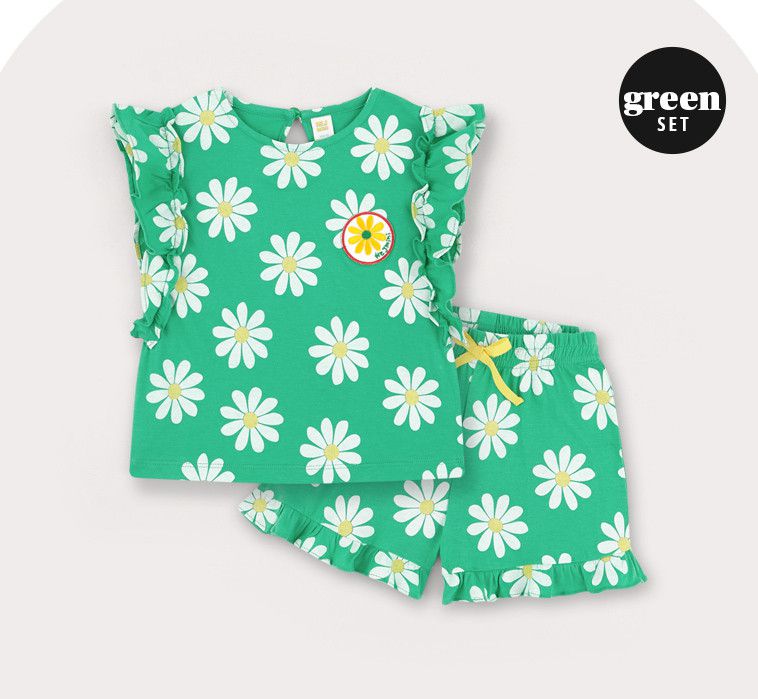 韓國 HEJMINI - 荷葉袖滿版雛菊套裝-紫