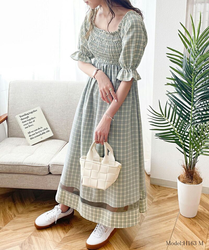 日本 Classical Elf - 歐風文藝泡泡袖紗拼接洋裝-格紋-草綠