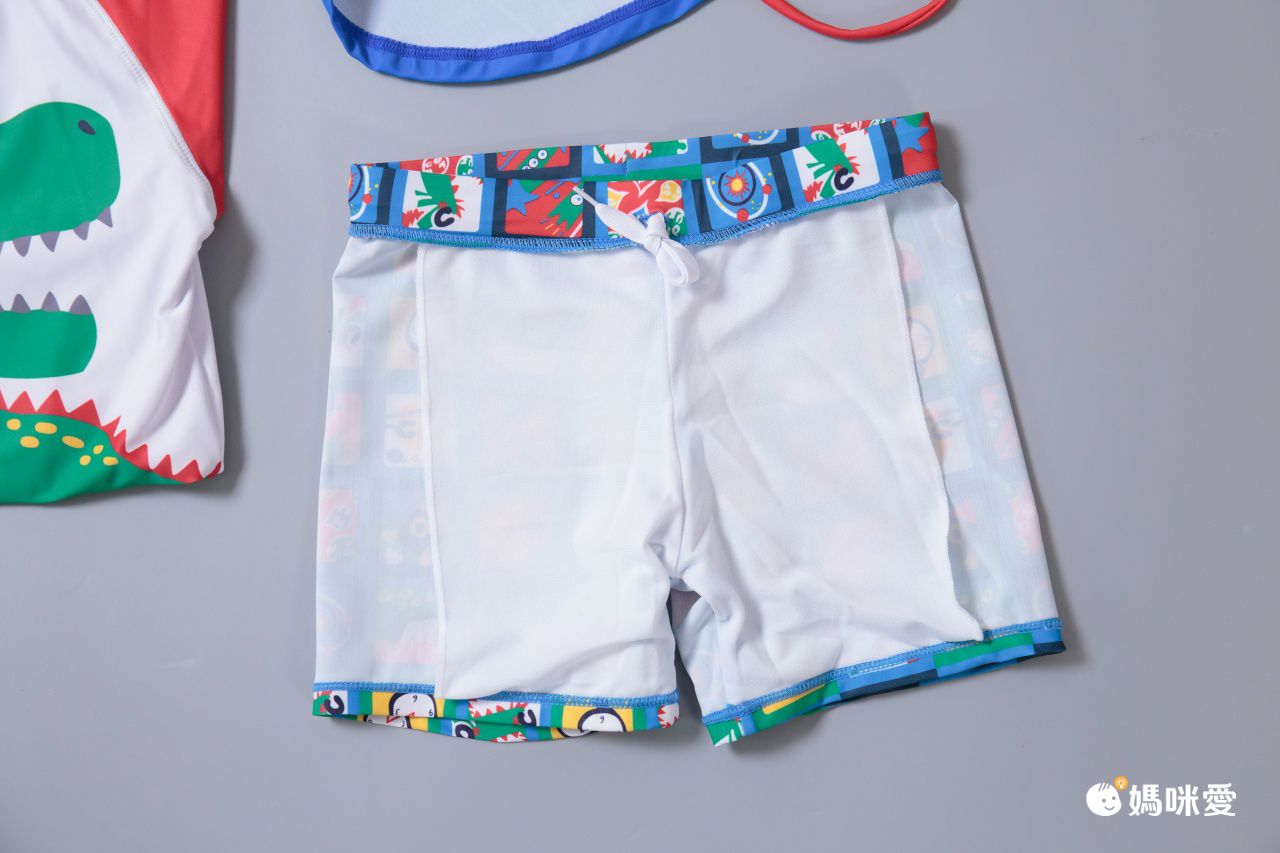 男寶長袖泳裝套裝(附帽子)-快樂恐龍-紅+白+藍