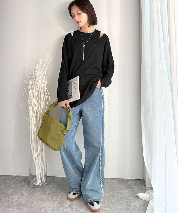 日本 Classical Elf - 假二件疊穿時尚露肩長袖上衣-卡其