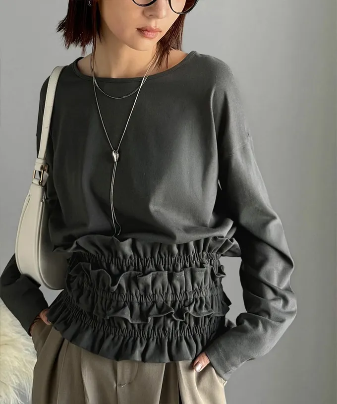 日本 Classical Elf - 時尚造型圓領長袖上衣(附荷葉腰帶)-炭灰