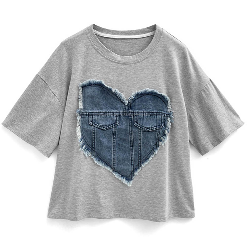 酷時尚流蘇丹寧愛心短袖上衣-淺灰 (F)