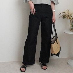 日本女裝代購 - 彈力修身高腰直筒丹寧褲(再生環保材質)-黑