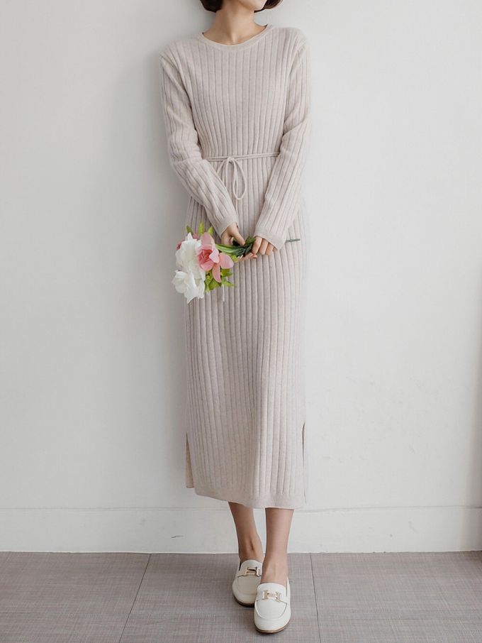 韓國女裝連線 - 喀什米爾羊毛針織連身洋裝-米杏 (FREE)