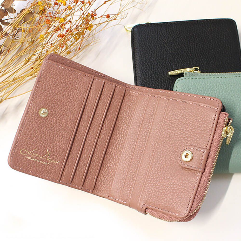 真皮輕量典雅實用短夾-防盜設計-煙燻粉